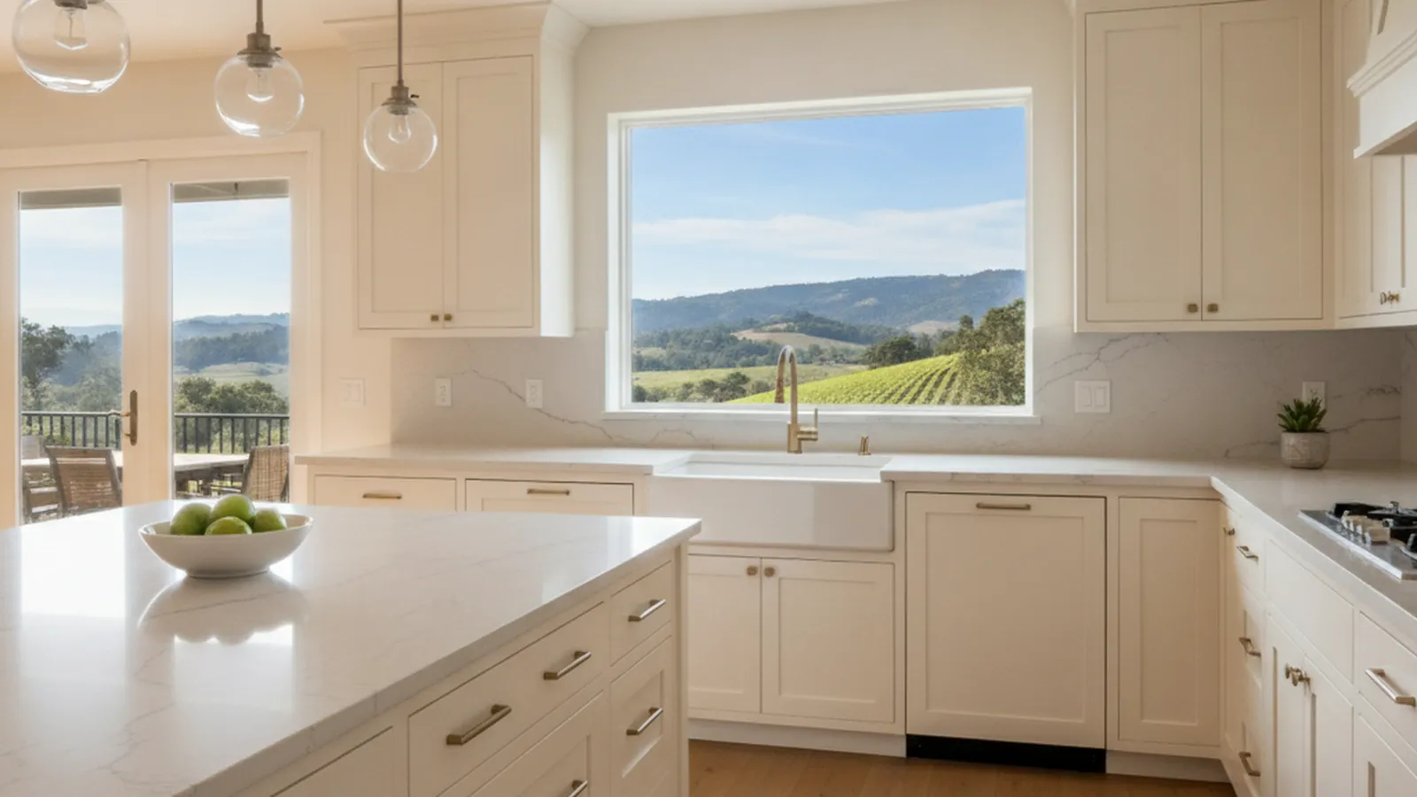 Design concept for a light, single-level kitchen with deep drawers, a peninsula, and lowered open shelving suited to an Oakmont Village home