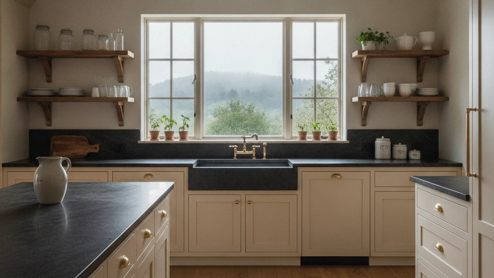 Design concept for a Sebastopol bungalow kitchen with painted inset cabinetry and a fir-topped work island