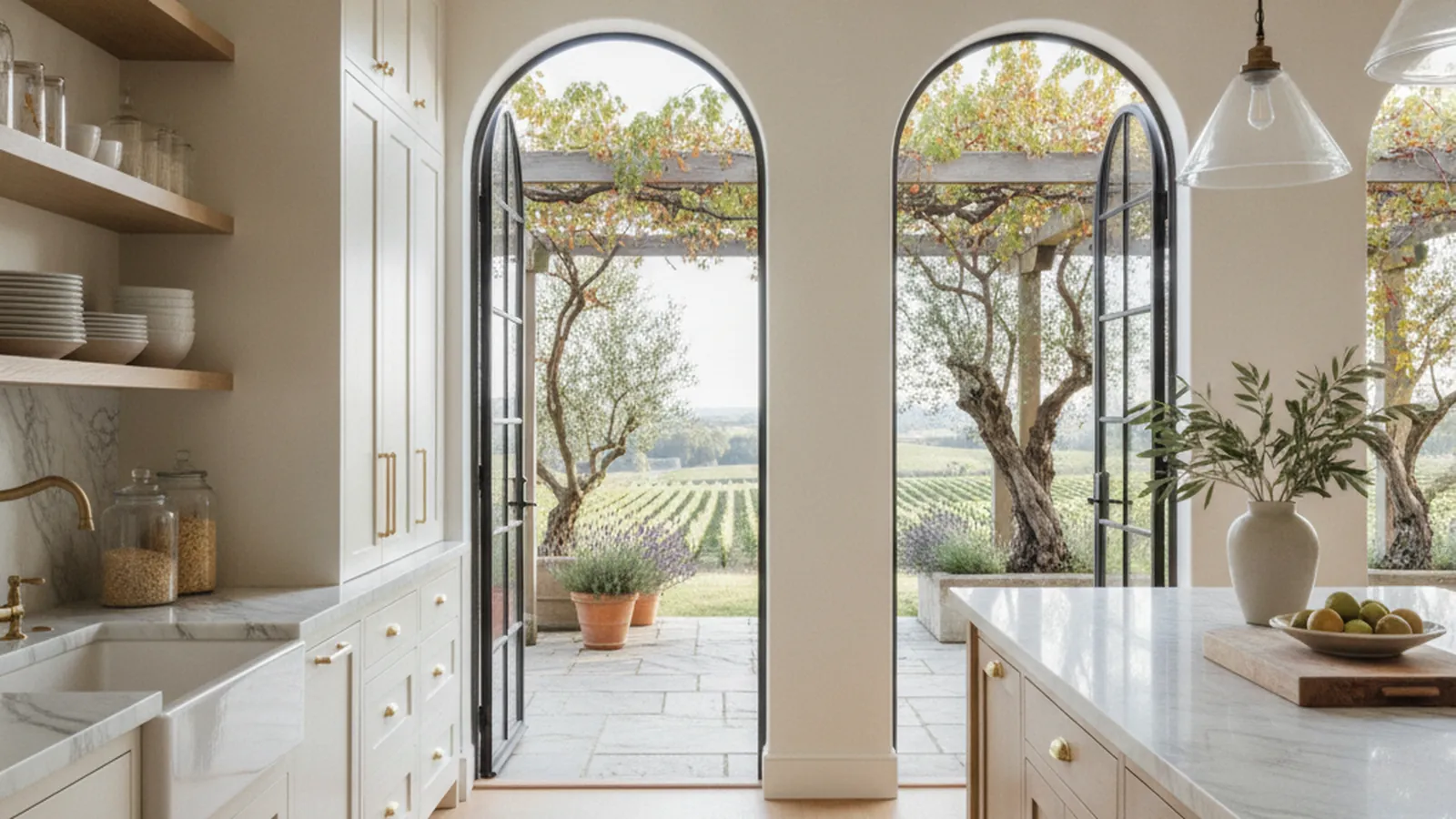 Design concept for a Sonoma Valley kitchen with white oak cabinetry, a tasting counter and built-in wine storage