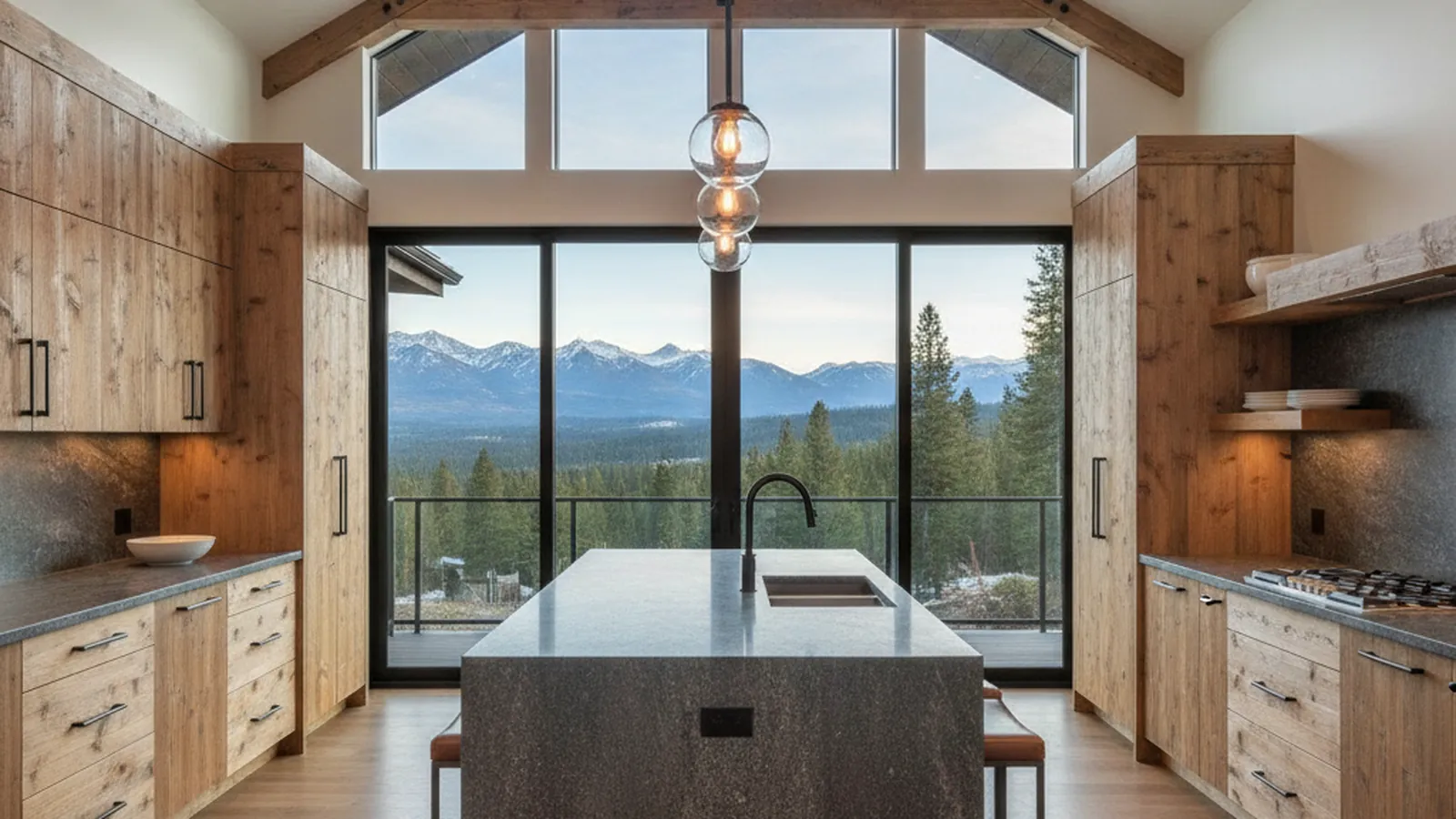 Design concept for a Schaffer’s Mill kitchen with stained white oak cabinetry, a stone island, and a timber-framed great room beyond