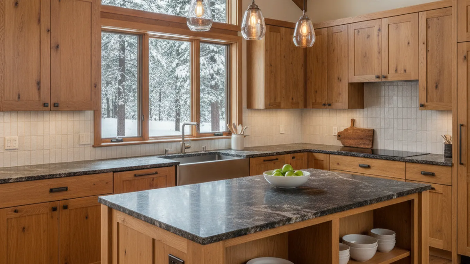 Design concept for a Tahoe Donner cabin kitchen with warm alder cabinetry, open shelving, and a loft overhead