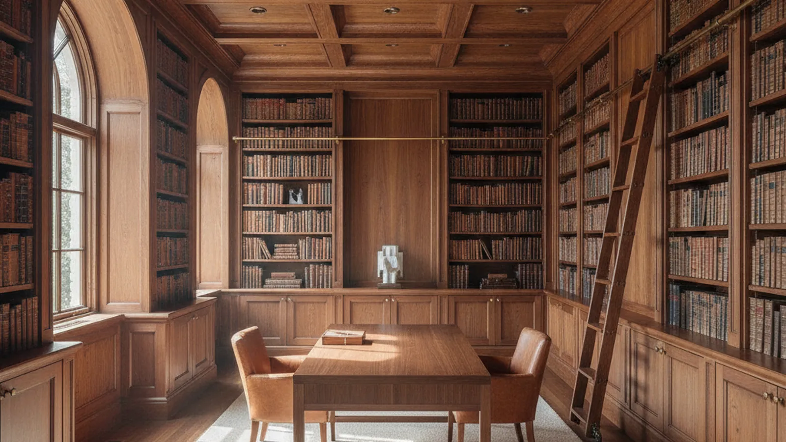 Design concept for a coffered ceiling and paneled library suited to an Atherton estate