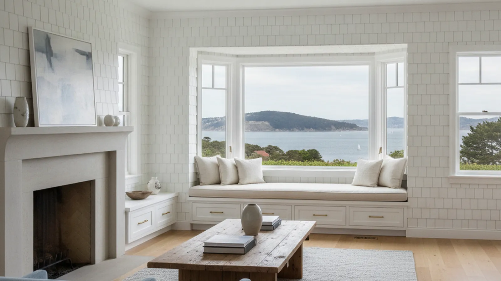 Design concept for a paneled library with built-in bookcases suited to a Marin County shingle-style estate