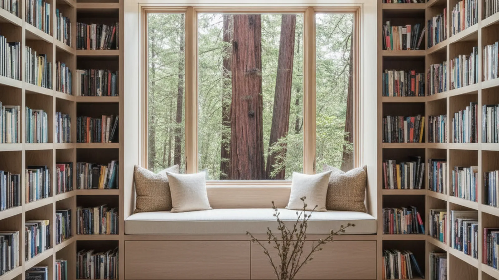 Design concept for a built-in home office with a view wall kept clear and tall storage on the interior wall
