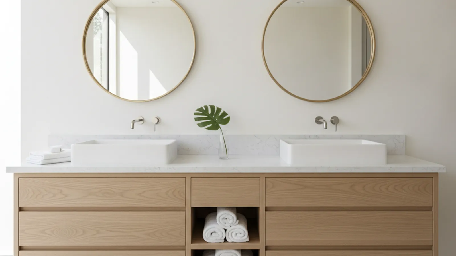 Design concept for a painted primary-bath vanity with deep drawers and a stone top