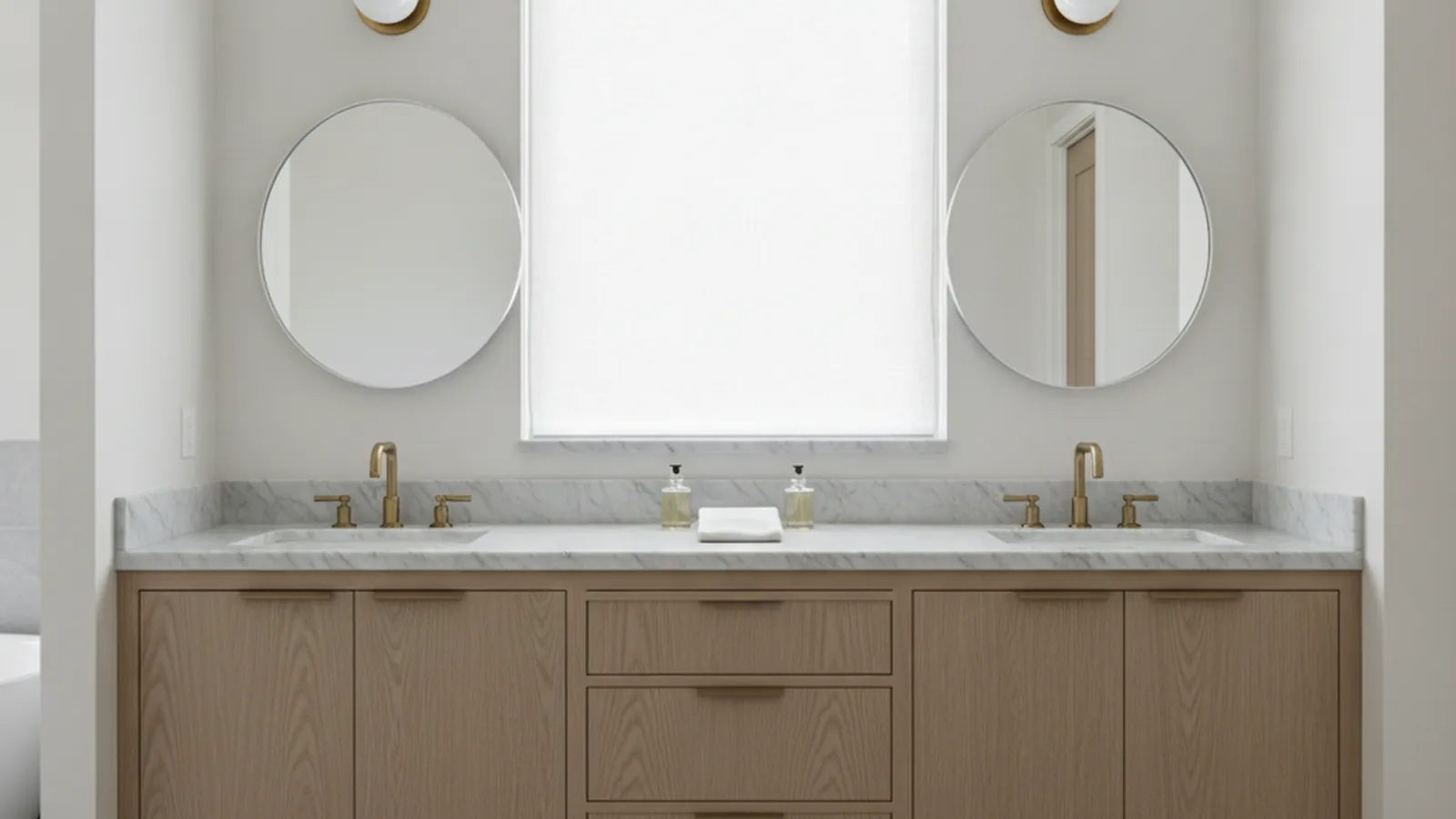 Design concept for a furniture-style double vanity in walnut with a stone top and a dressing station between the sinks