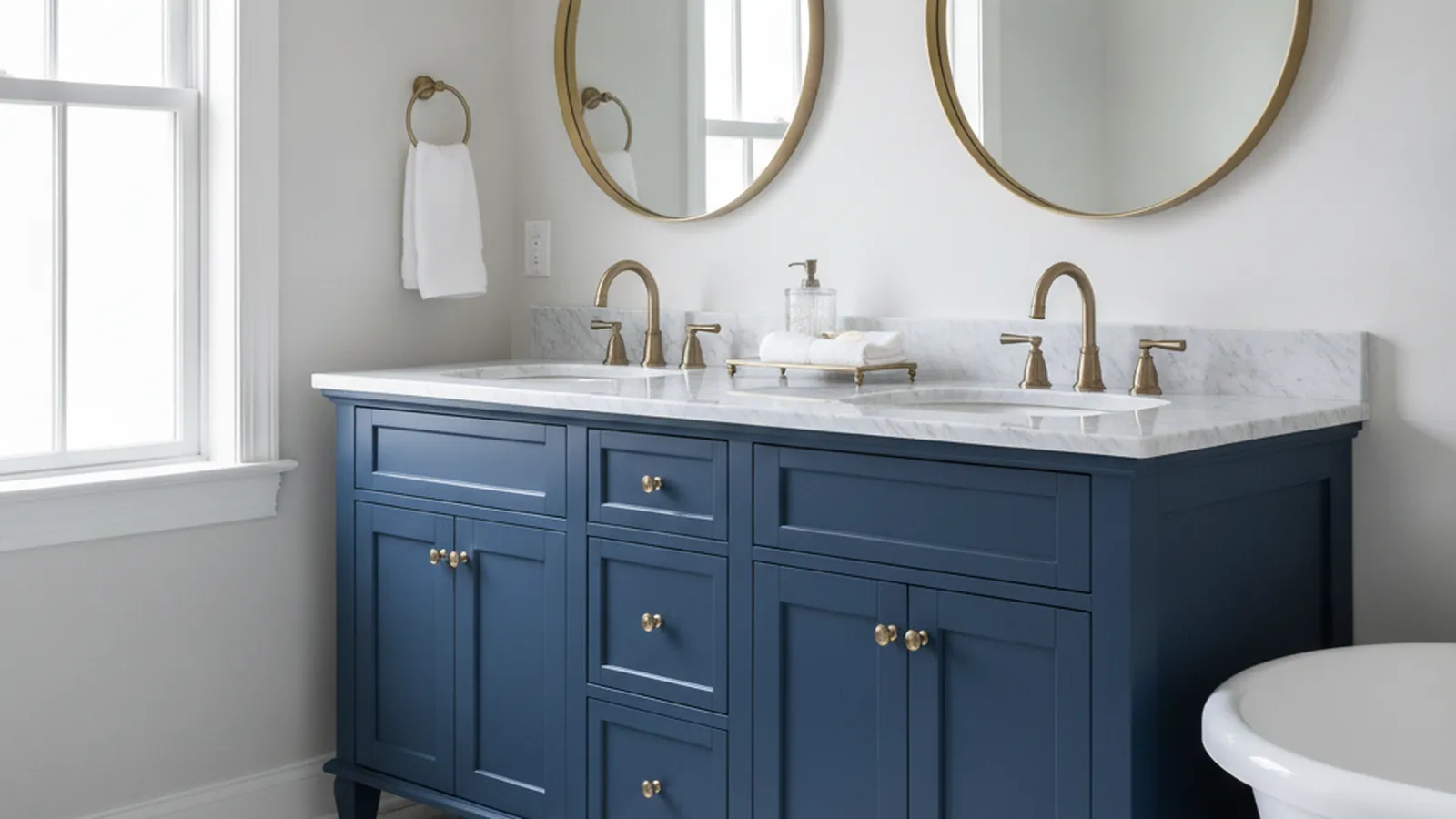 Design concept for a double vanity with full-extension drawers and a stone top in a primary bathroom