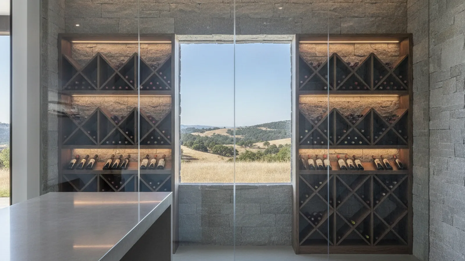 Design concept for a conditioned wine room with walnut display racking on the lower level of an El Dorado Hills hillside home