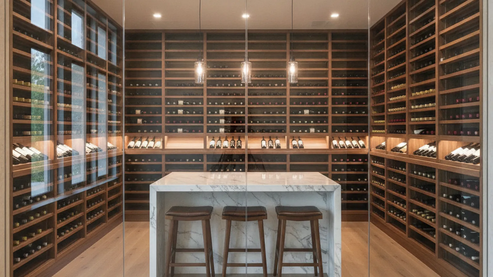 Design concept for a glass-walled wine room with mahogany display racking beside a great-room bar in a Granite Bay estate