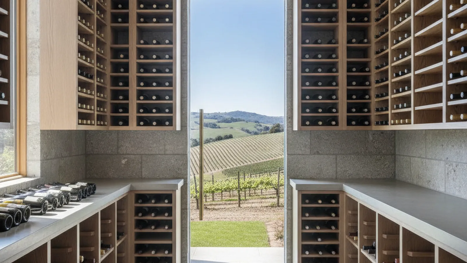 Design concept for a wine cellar with custom redwood racking and a glass door in a Healdsburg vineyard estate