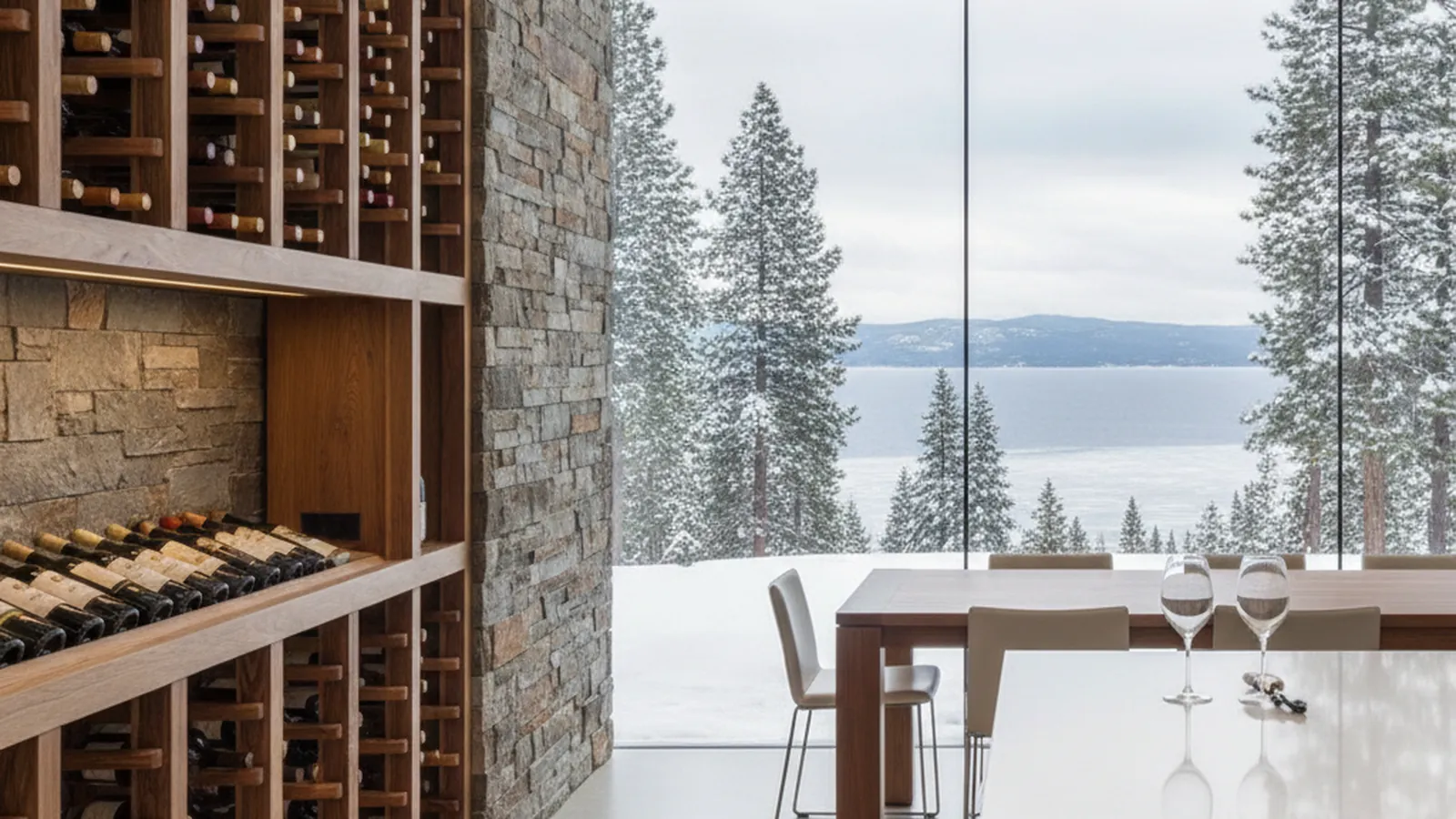 Design concept for a conditioned wine cellar with timber racking and a glass door in a Lake Tahoe mountain home