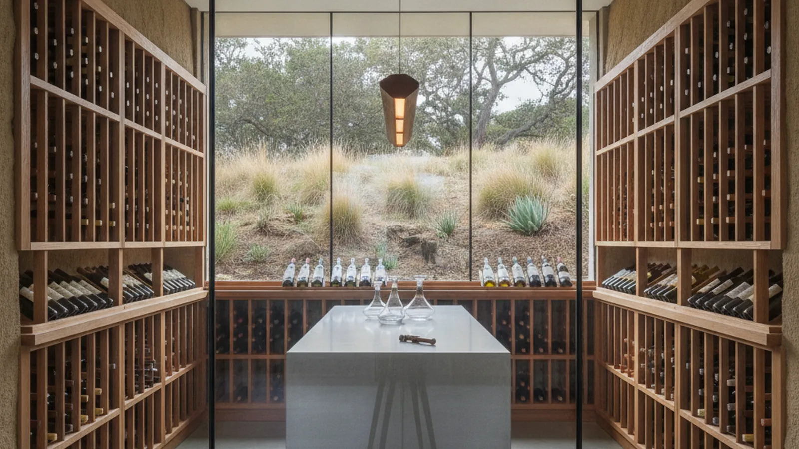 Design concept for a climate-controlled wine closet with redwood racking behind a glass door in a Marin County hillside home
