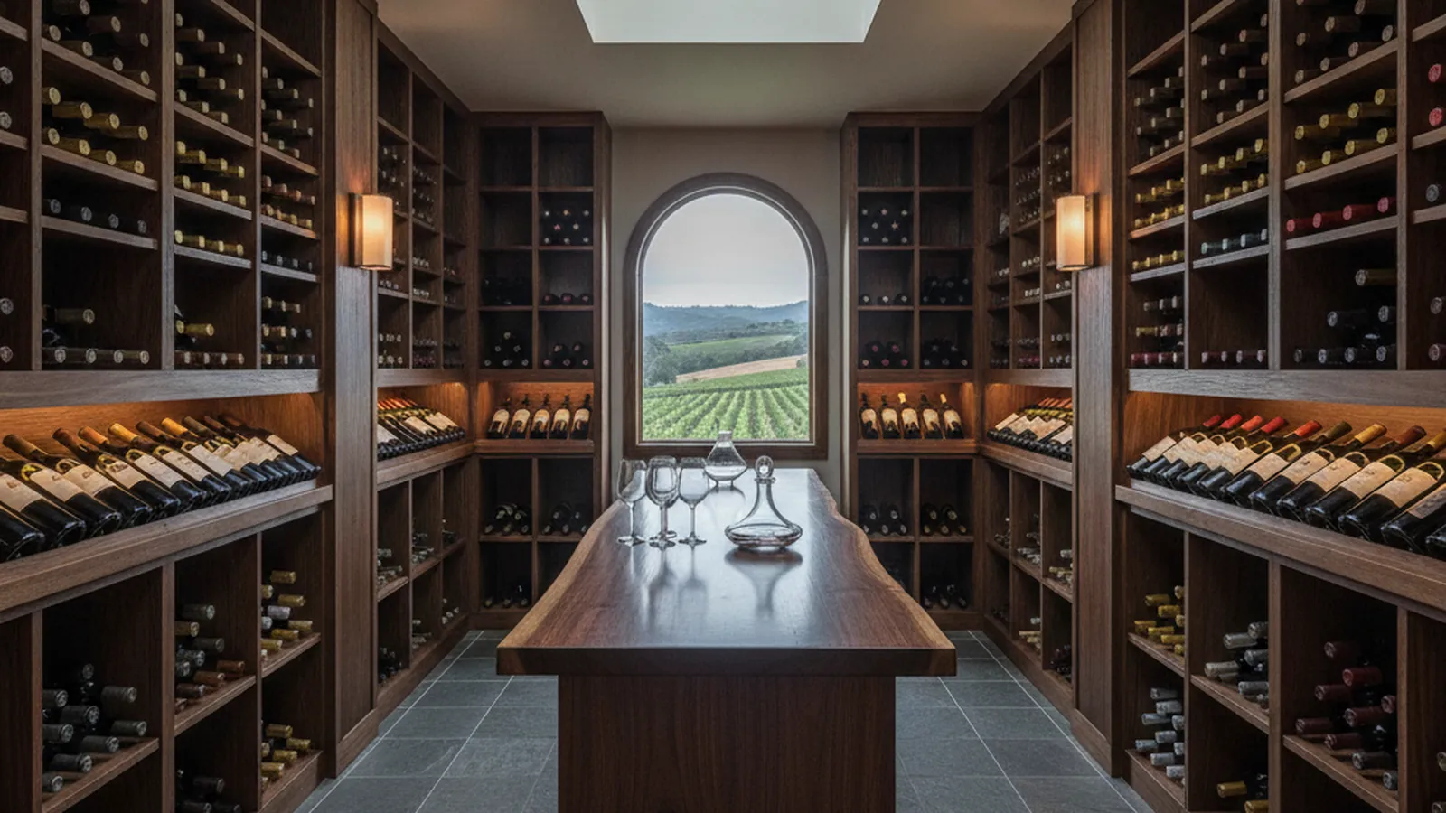 Design concept for a glass-walled wine room with mahogany display racking in a Napa Valley vineyard estate