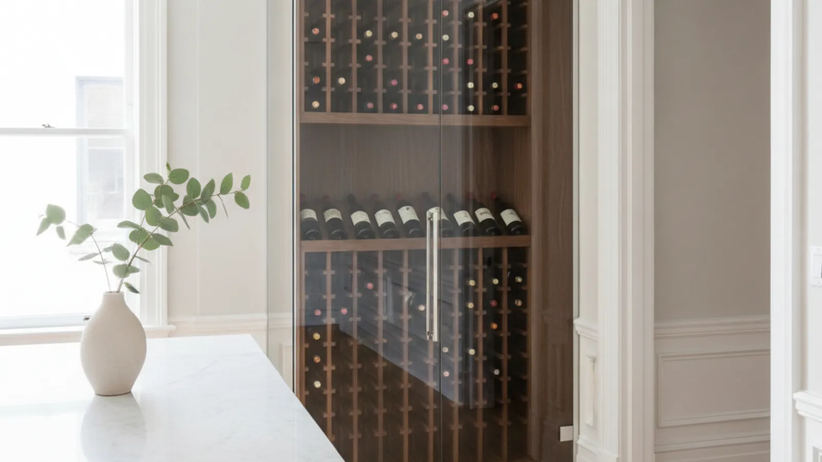 Design concept for a compact conditioned wine closet with walnut racking behind a glass door in a San Francisco flat