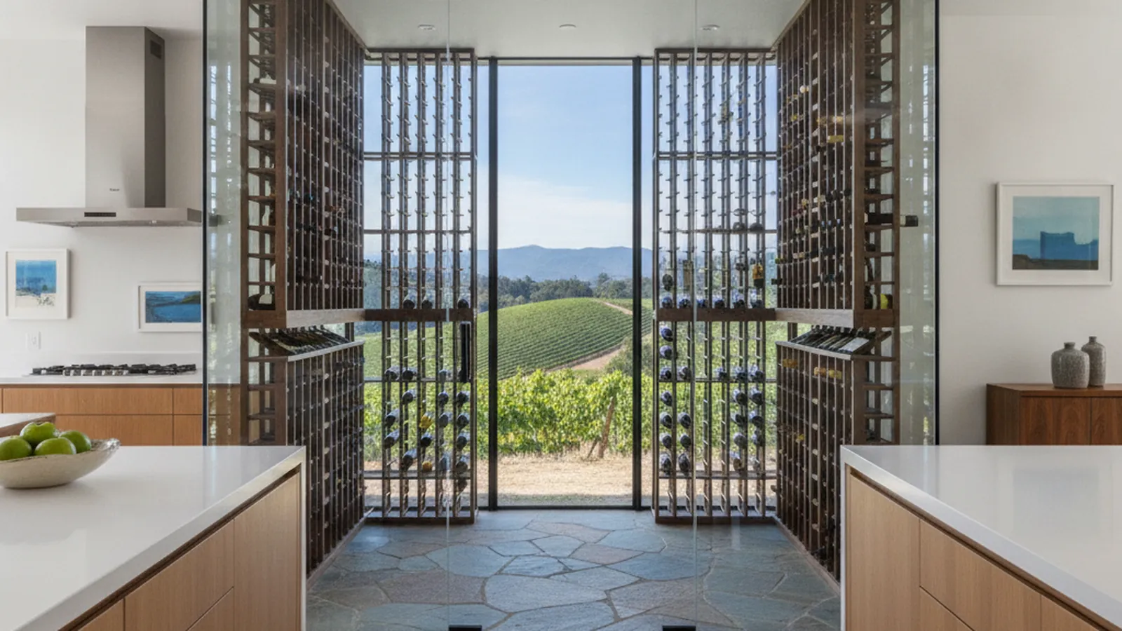 Design concept for a conditioned wine room with redwood racking and a tasting counter in a Sonoma County estate