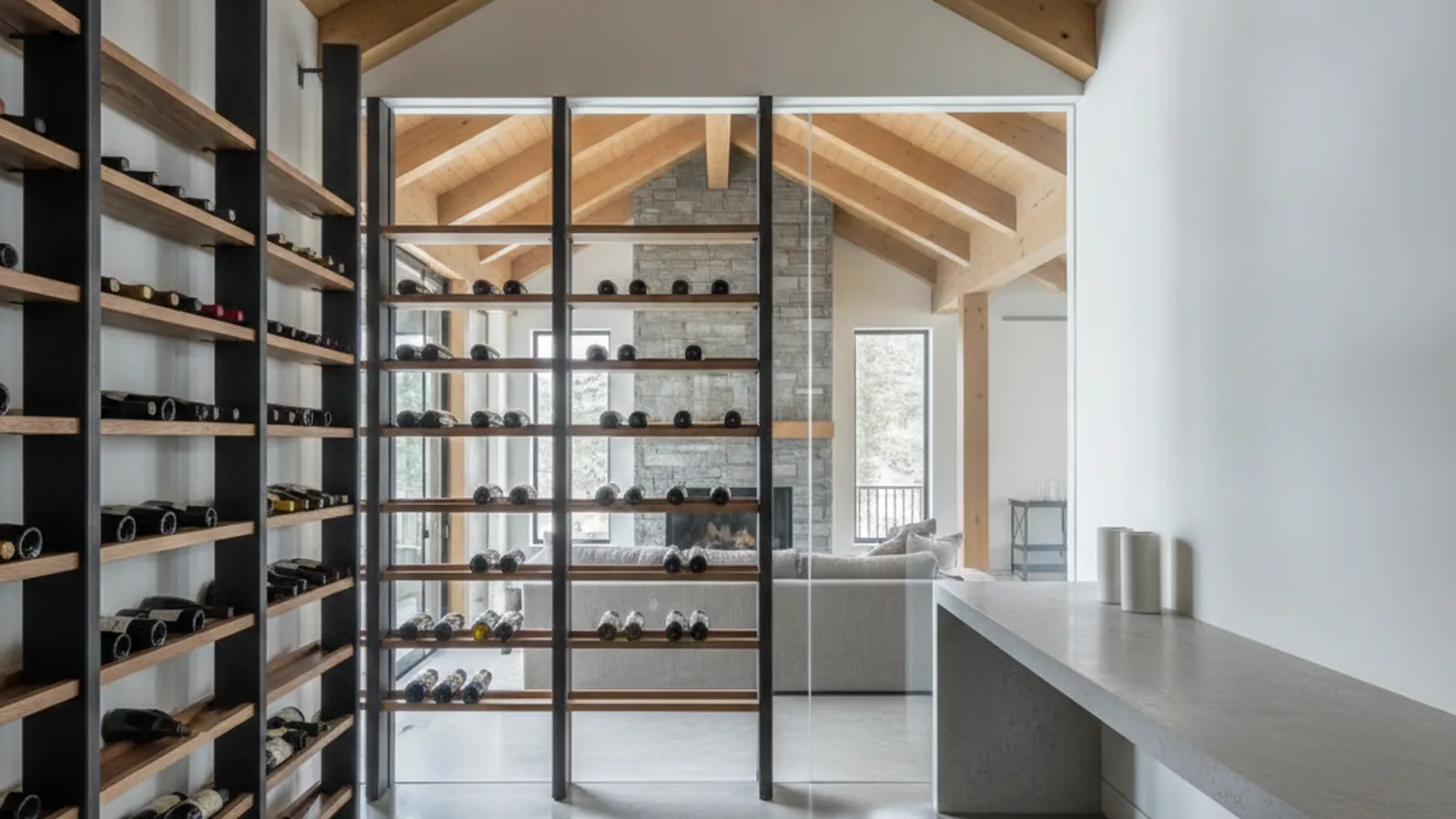 Design concept for a conditioned wine cellar with walnut display racking and a glass wall in a Martis Valley mountain estate