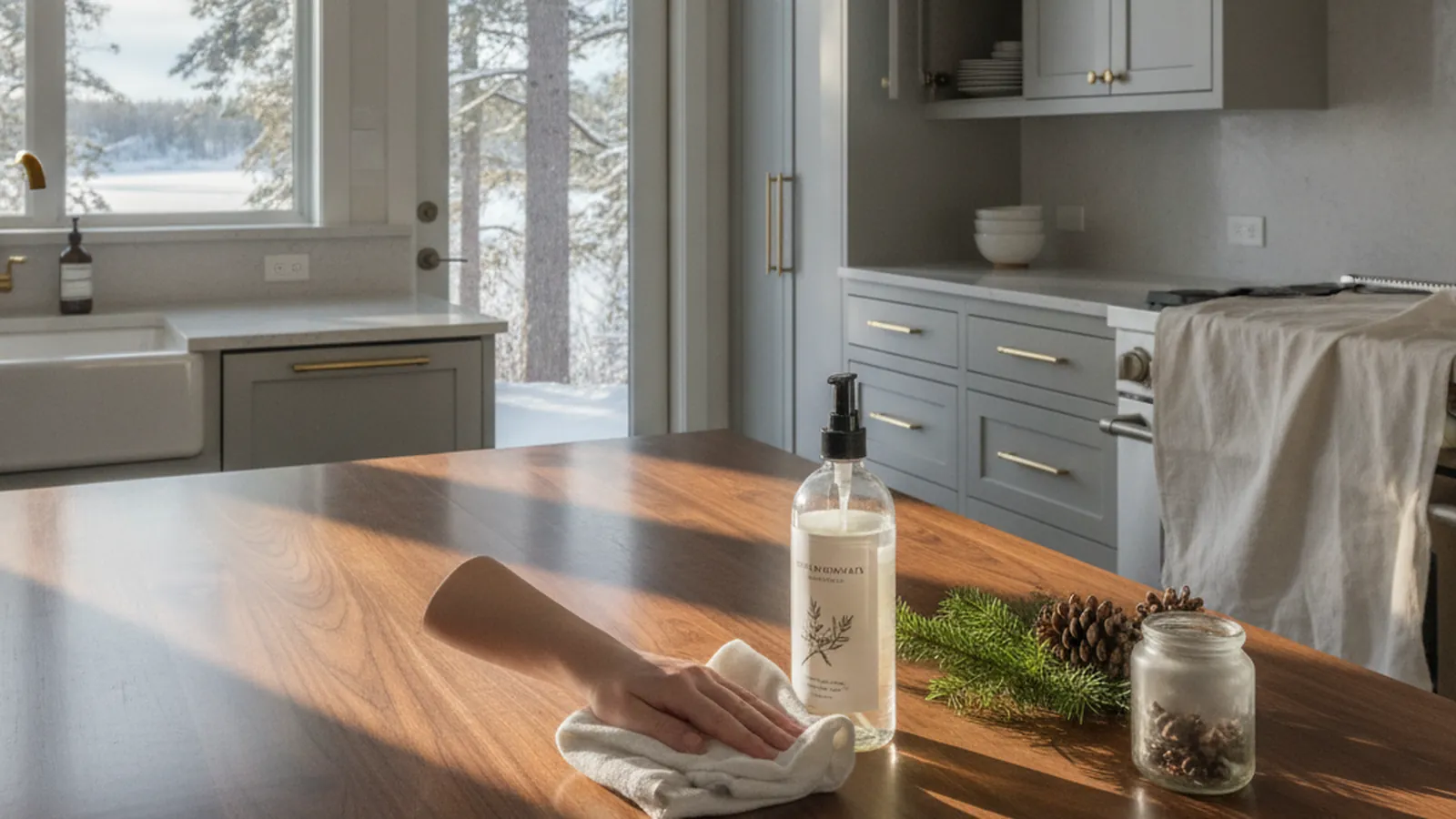 Design concept for a Tahoe lake house kitchen with alder cabinetry, doors left ajar, and snow beyond the window