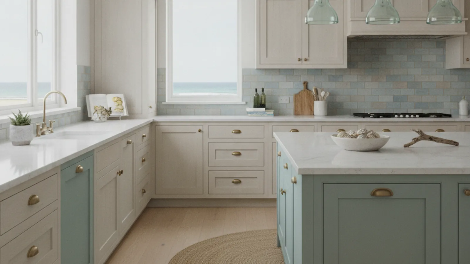 Design concept for a coastal kitchen with white oak cabinetry and bronze pulls, fog over the Pacific through the window