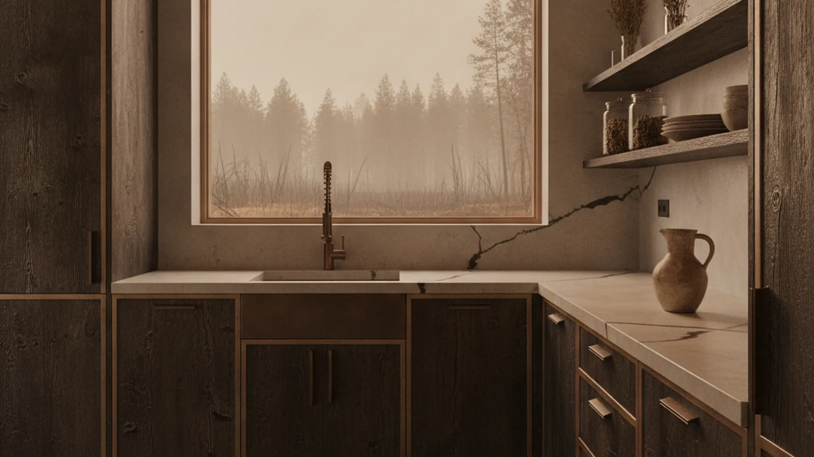 Design concept for a Sonoma County kitchen with painted cabinetry, a hazy orange sky visible through the window