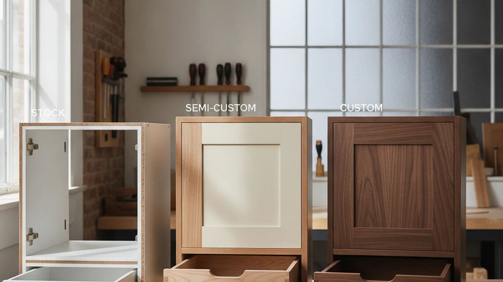 A custom kitchen run scribed to an irregular wall, with no filler strips, in a Northern California home