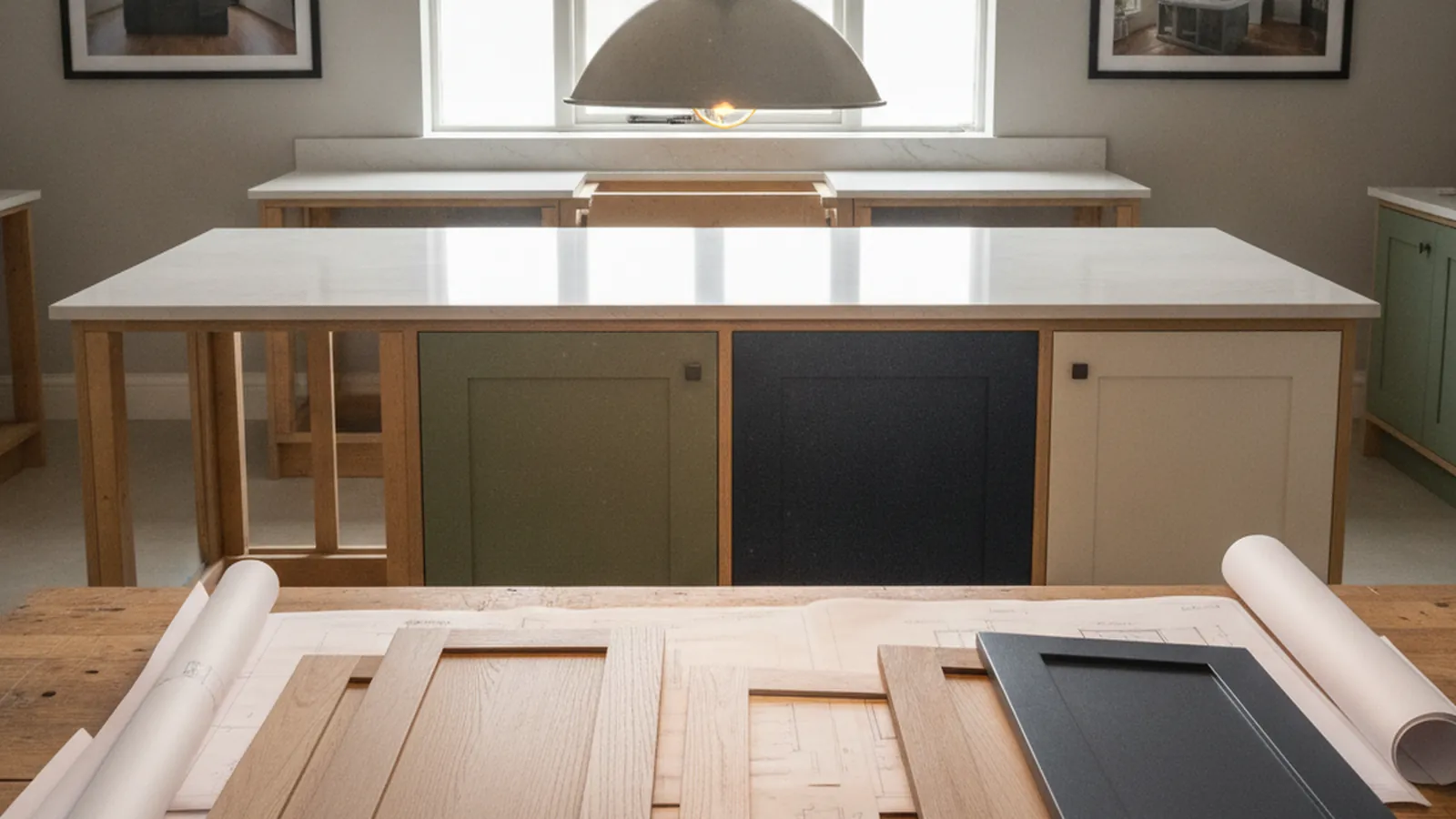 Design concept for a custom kitchen with painted Shaker cabinetry and a furniture-grade island, the kind of project this planning guide prices