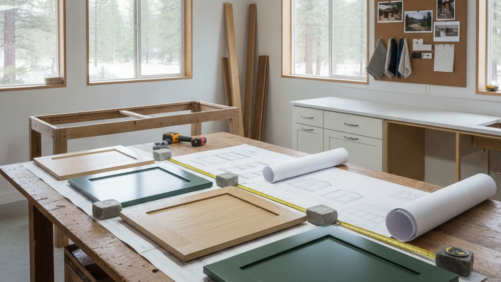 Design concept for a quarter-sawn oak island kitchen with a low lake-facing wall in a mountain home