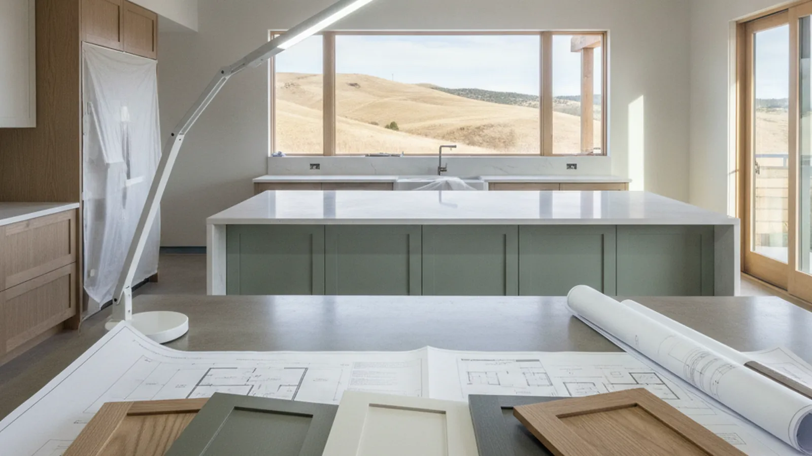 Design concept for a mountain kitchen with rift-sawn white oak cabinetry and a full-height pantry wall, the specification a Truckee home calls for