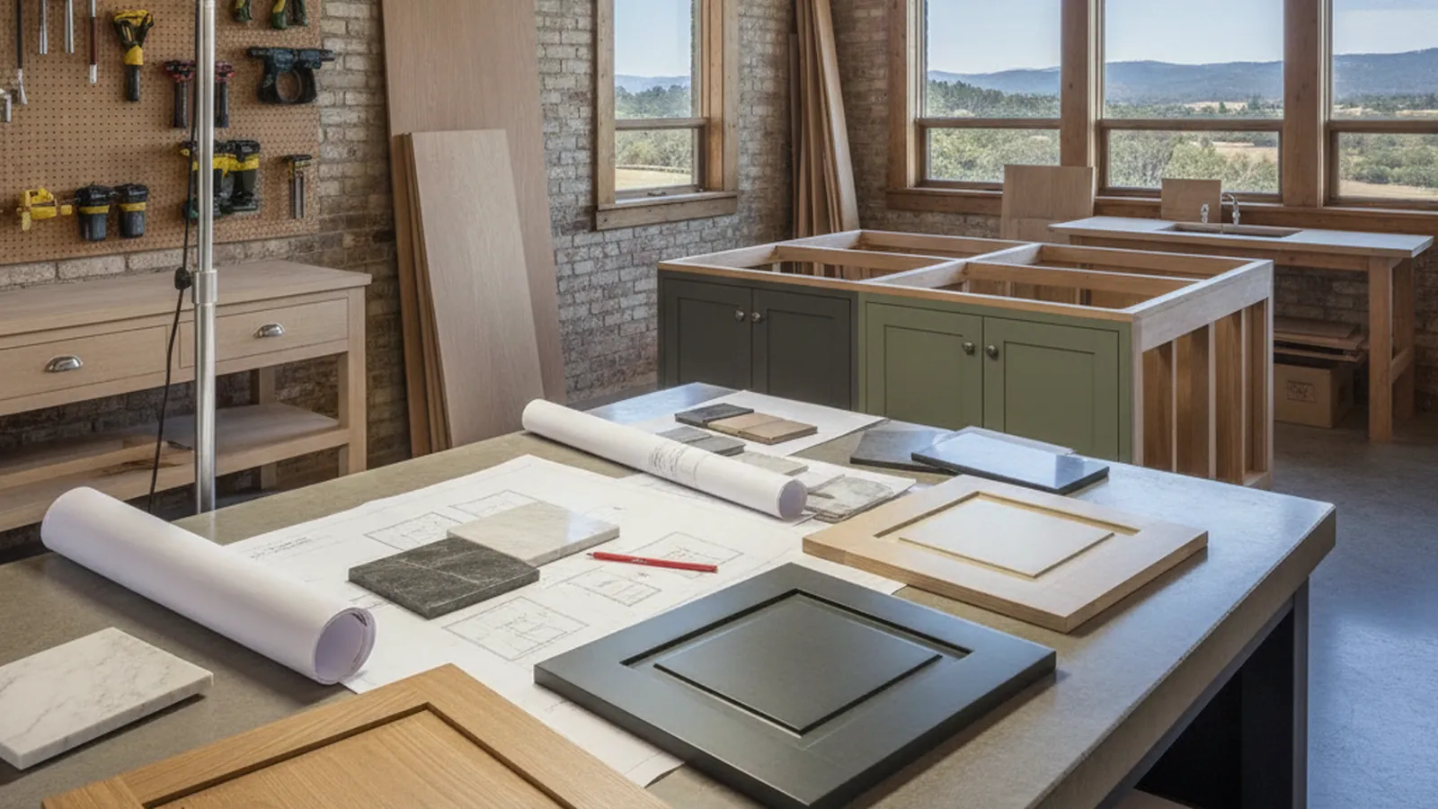 Design concept for a painted custom kitchen with an island, in the style of a Sonoma County farmhouse