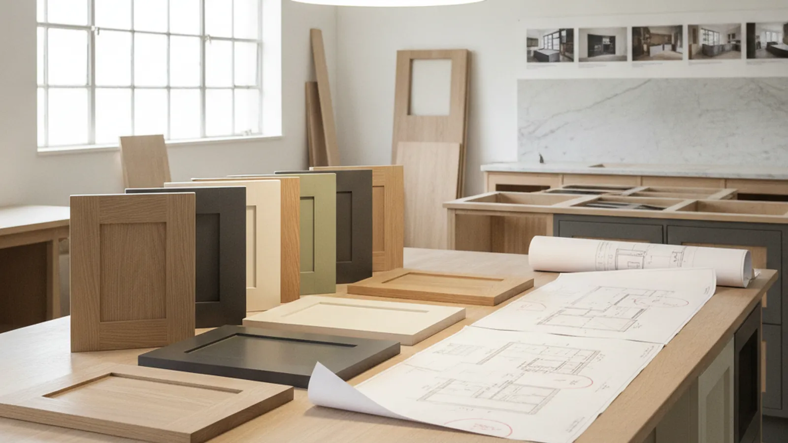 Design concept for a custom kitchen at the installation stage, with cabinetry set and aligned before countertops are templated