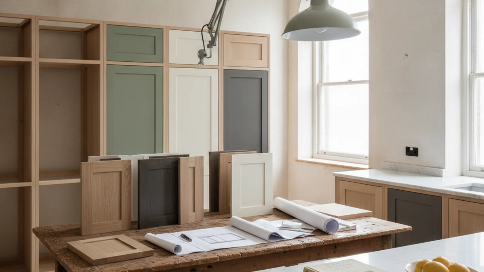 Design concept for a U-shaped custom kitchen in stained white oak with raised-panel doors, the combination of drivers that sits at the top of the engine’s range