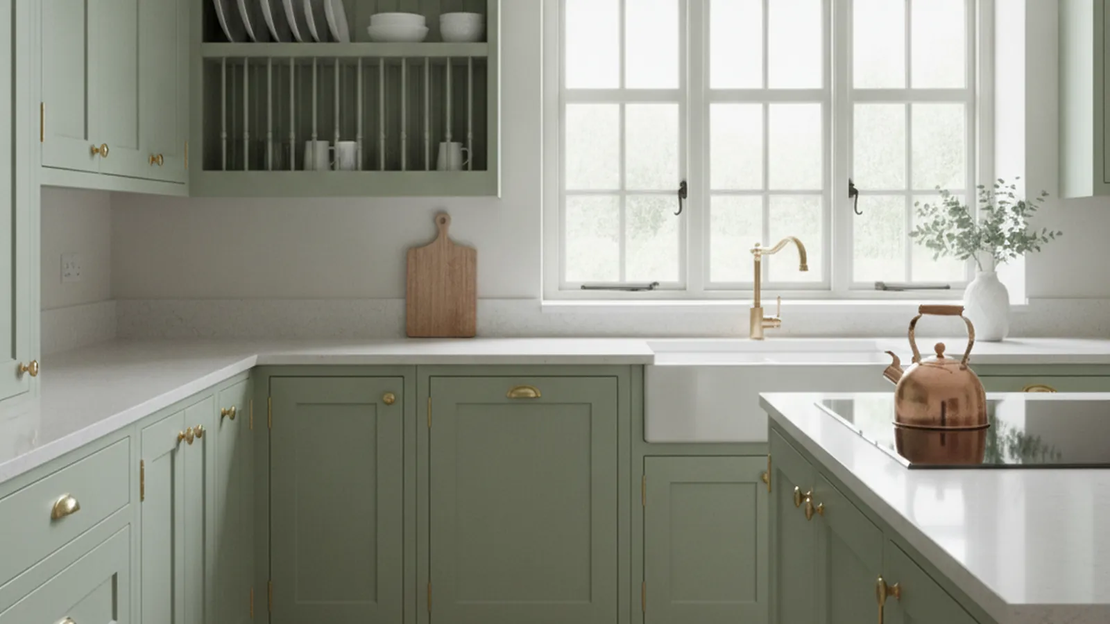 Painted beaded inset cabinet doors flush within a beaded face frame in a pre-war Northern California kitchen