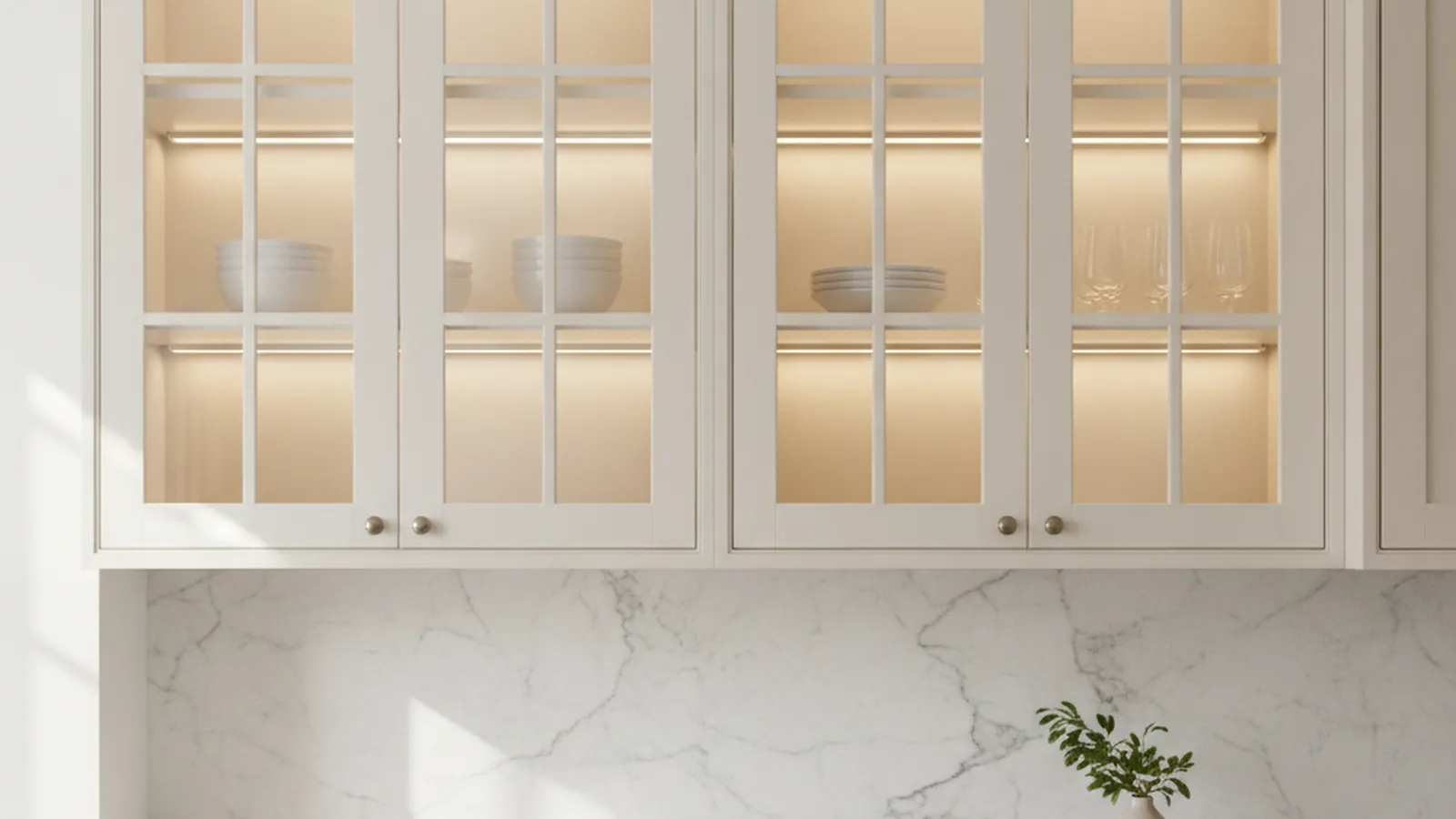 Glass-fronted upper cabinets with divided lites and a finished interior in a Northern California kitchen