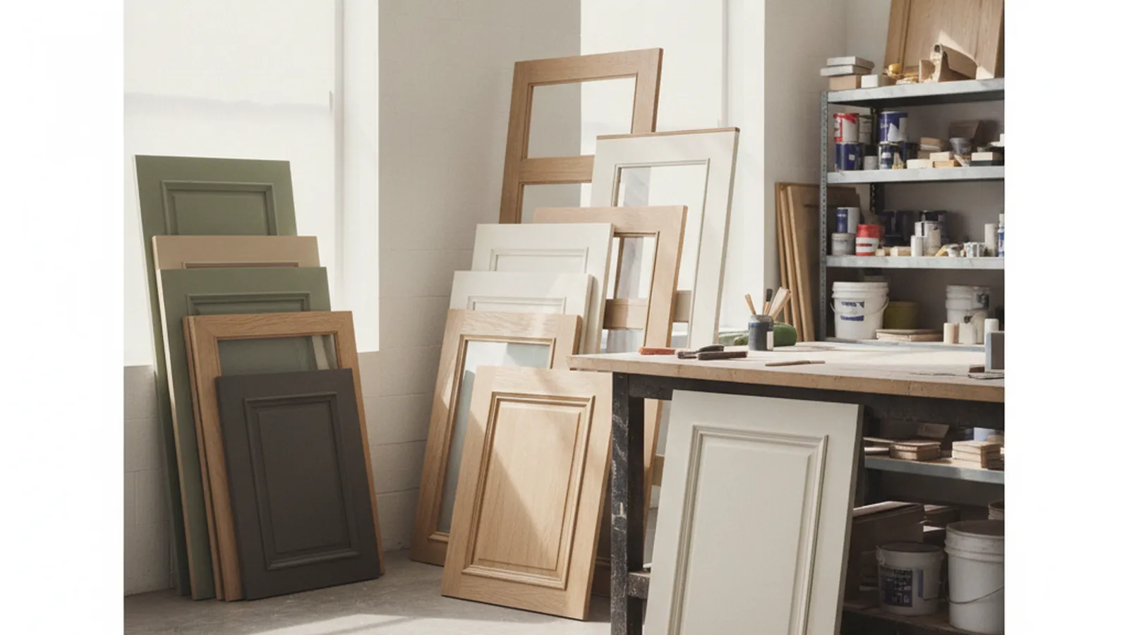 Inset cabinet doors in a painted face frame beside a run of full overlay frameless doors