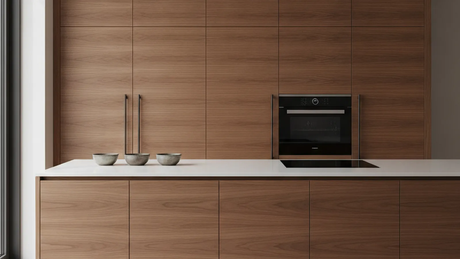 Sequence-matched walnut veneer slab cabinet doors with uniform reveals in a mid-century Northern California kitchen