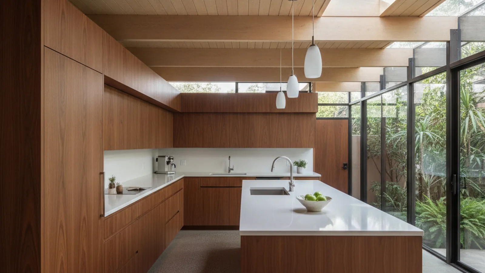 Design concept for a flush walnut kitchen with low uppers and continuous grain under exposed beams in a post-and-beam home
