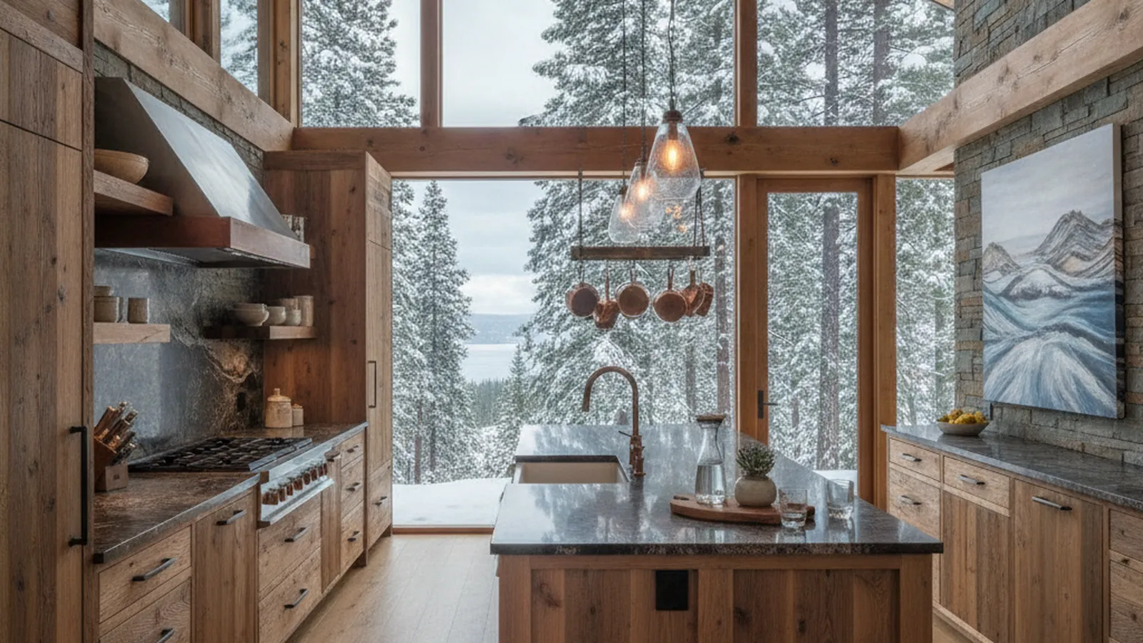 Design concept for a mountain kitchen with rift-sawn oak doors beside a snow-filled window