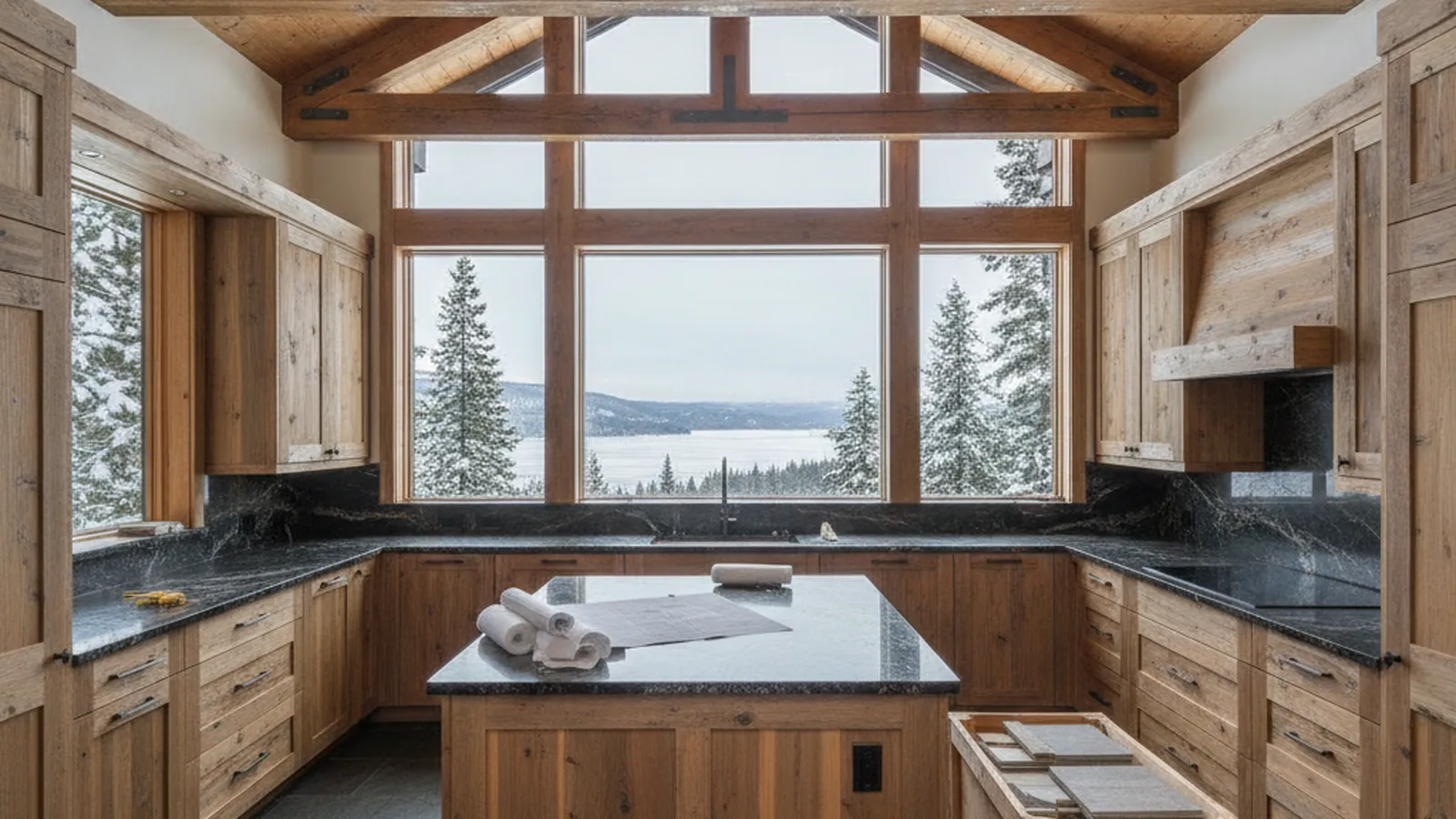 Design concept for a Truckee kitchen with reclaimed fir and white oak cabinetry under exposed timber