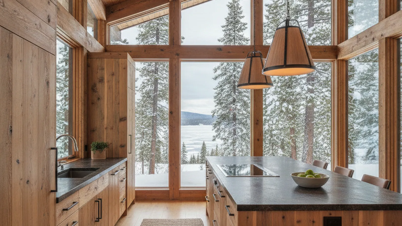 Design concept for a mountain kitchen with quartersawn white oak cabinetry against timber and stone