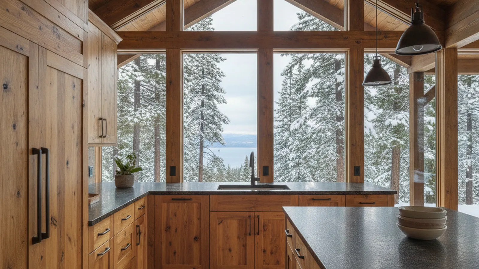 Design concept for a South Shore kitchen with painted inset cabinetry and a view toward the lake