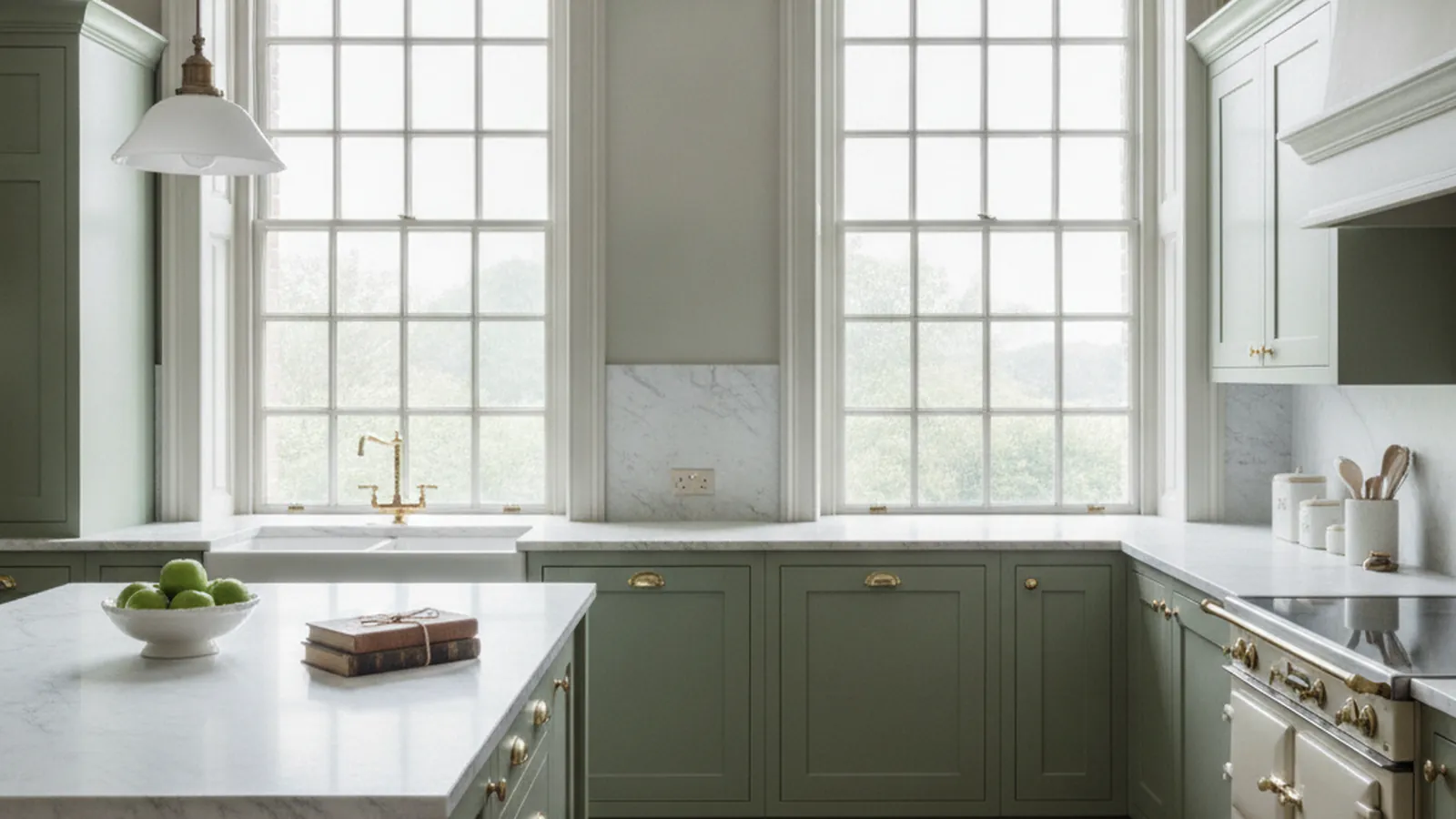 Design concept for an inset kitchen inside a historic Northern California home with original window casings left untouched
