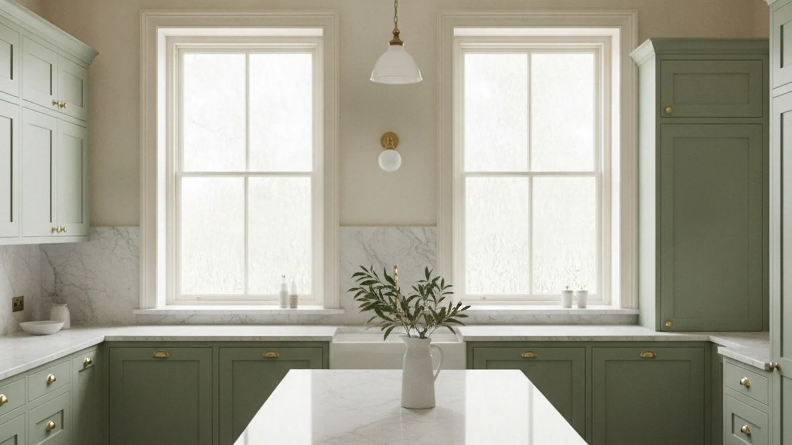 Design concept for new inset cabinetry meeting an original window casing and wainscot in a period Northern California kitchen