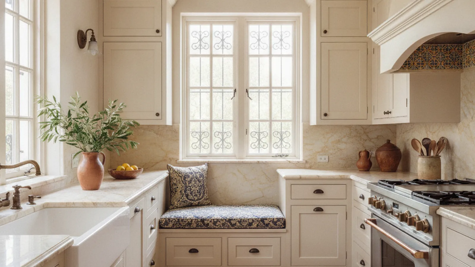 Design concept for a stained-alder kitchen with a tiled range alcove under a plaster hood in a Spanish Revival home