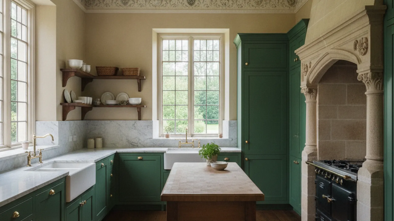 Design concept for a painted inset kitchen with beaded face frames and glass-front pantry uppers in a 1930s revival home