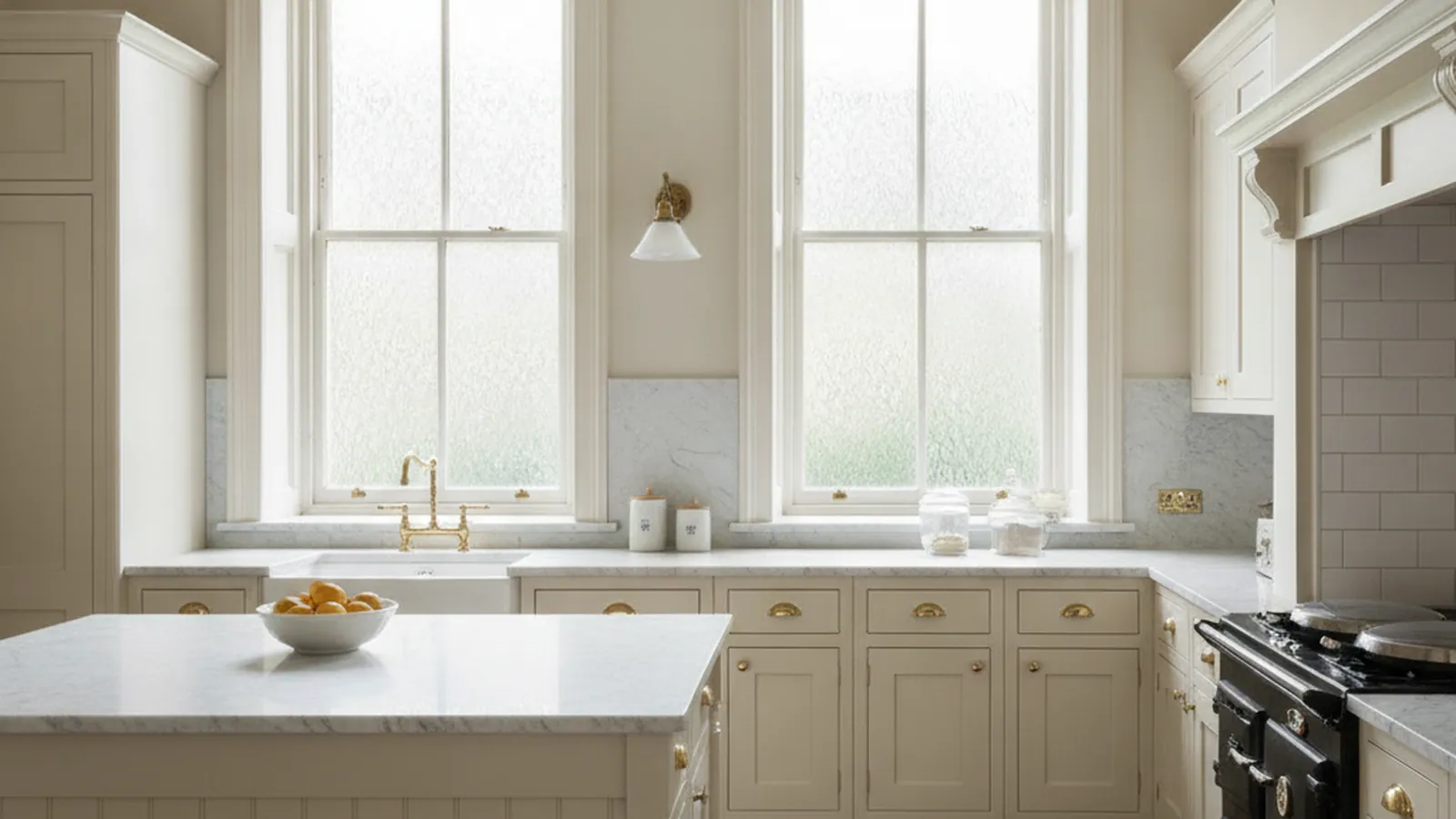 Design concept for a painted inset galley kitchen in a San Francisco Victorian flat with a window onto the rear yard