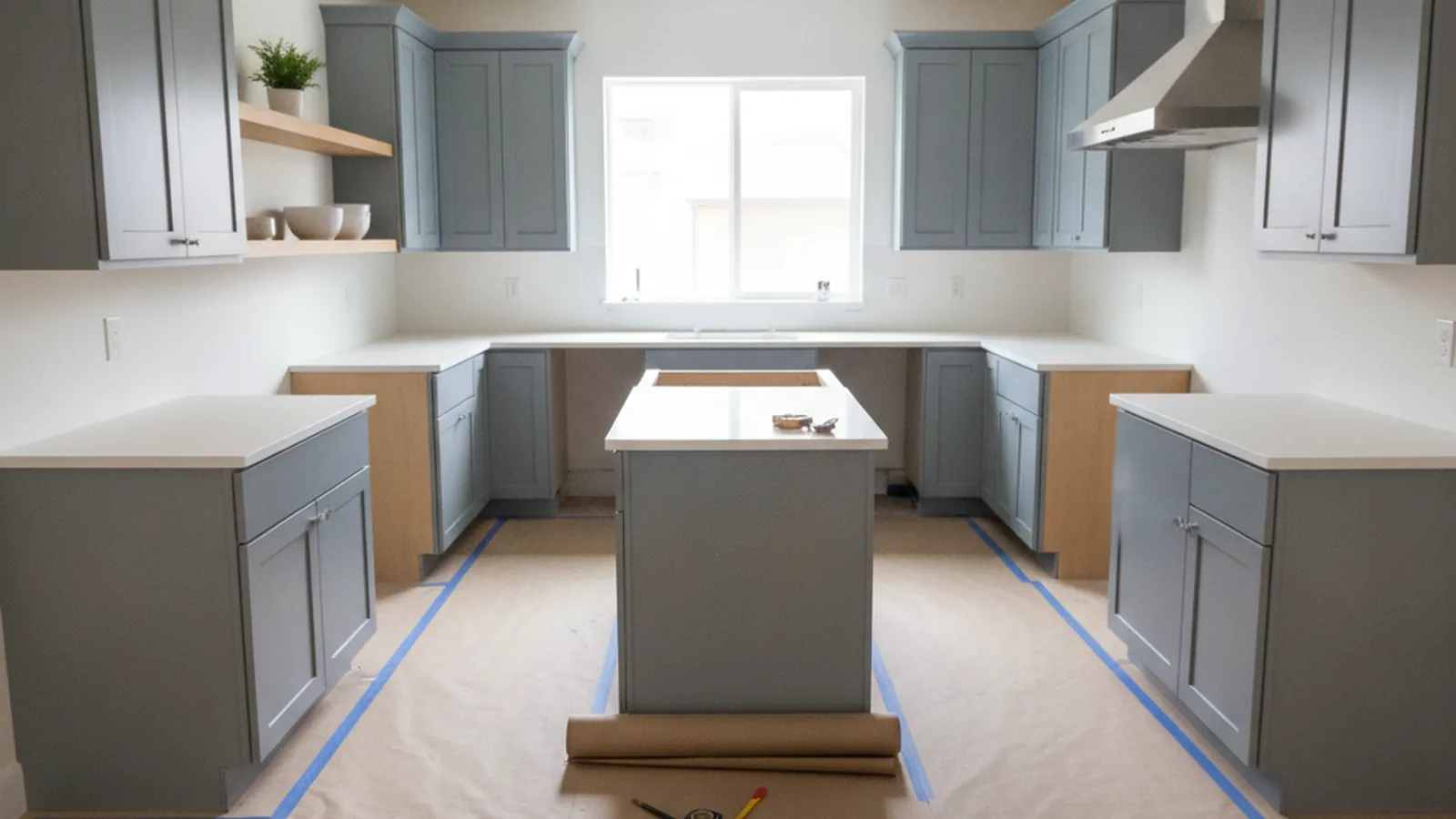 Design concept for a kitchen with inset cabinetry and an island, drawn with plan-view annotations