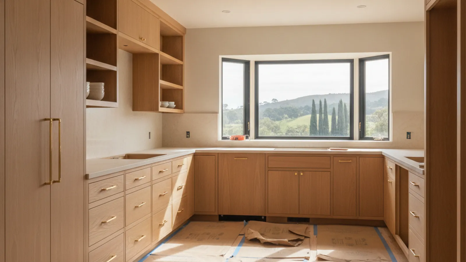Design concept for a Marin County kitchen with white oak cabinetry and a view toward wooded hills