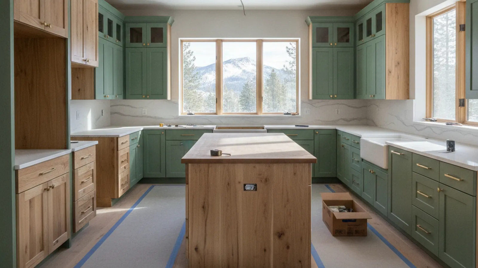 Design concept for a Truckee mountain kitchen with rift white oak cabinetry on an existing plumbing wall
