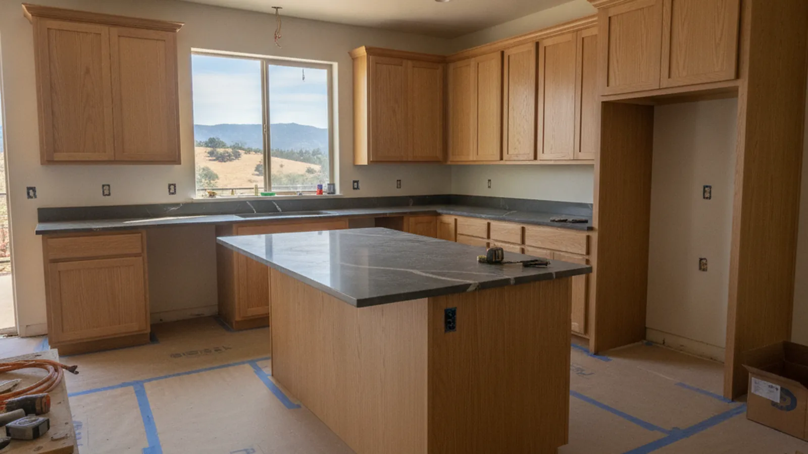 Design concept for a foothill kitchen with inset cabinetry and a plumbing wall left on its original footprint