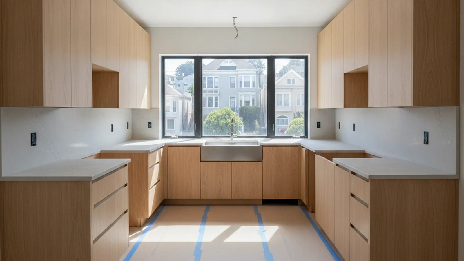Design concept for a galley kitchen in a San Francisco Edwardian flat with painted inset cabinetry