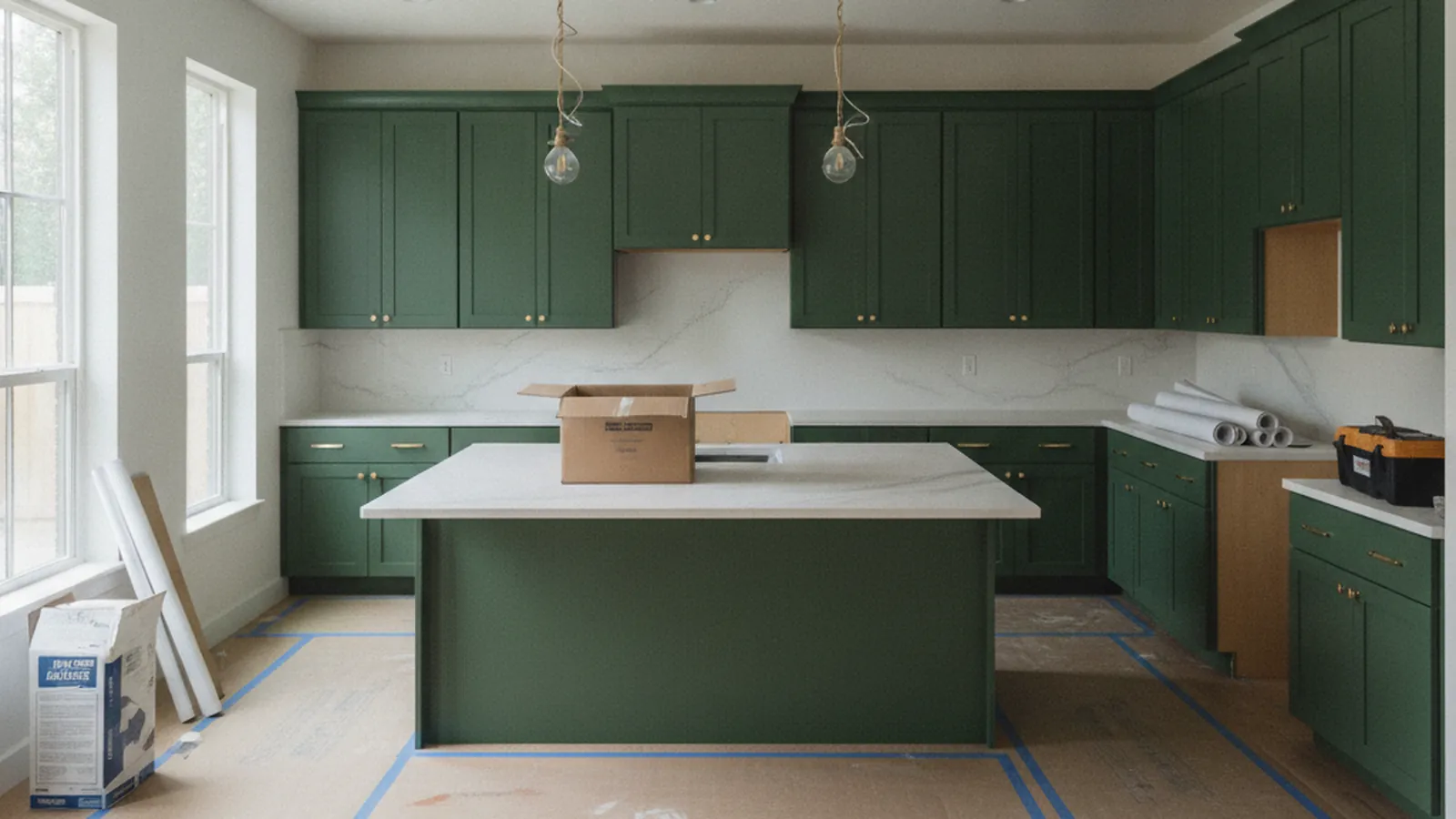 Design concept for a Palo Alto kitchen with flat-panel walnut cabinetry in a mid-century post-and-beam home